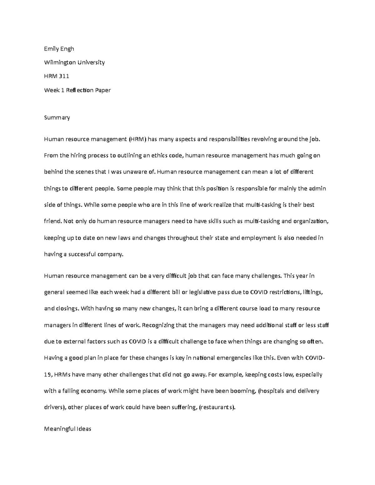 Week 1 Reflection paper HRM 311 - Emily Engh Wilmington University HRM ...