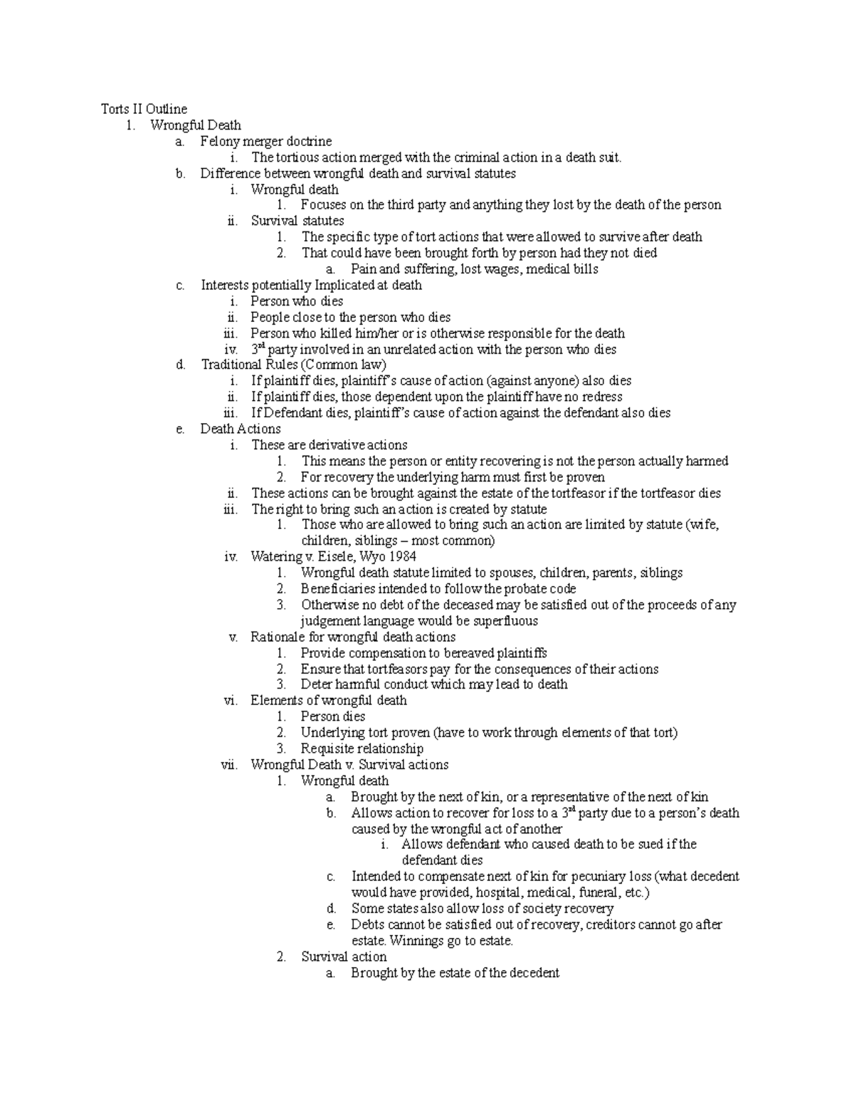 Torts II Outline - Lecture notes All - Torts II Outline 1. Wrongful ...