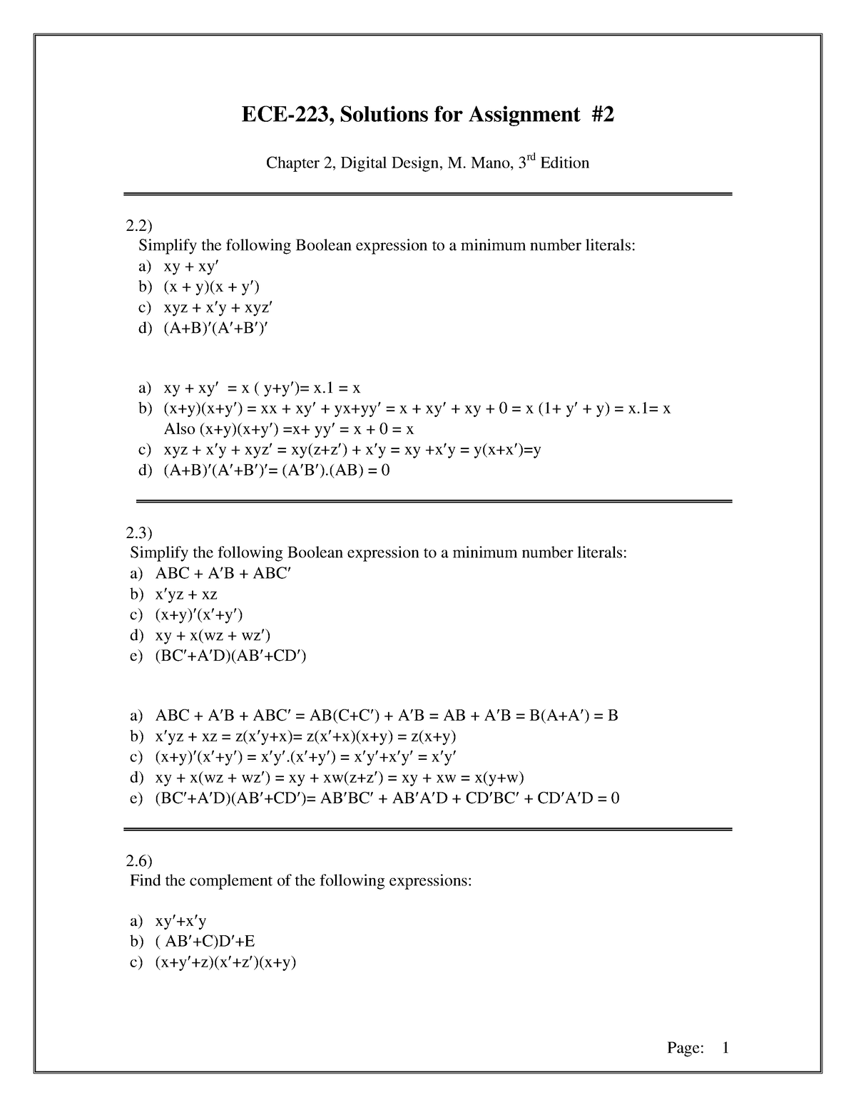 Assignment 2 Solution 3rd Edition - ECE-223, Solutions For Assignment ...