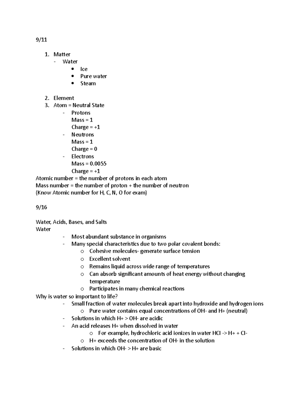 BIO Notes work 9/ Matter Water Ice Pure water Steam Element Atom
