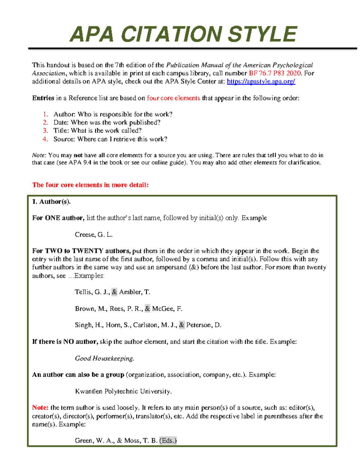 APA Citations and Refrences - APA CITATION STYLE This handout is based ...