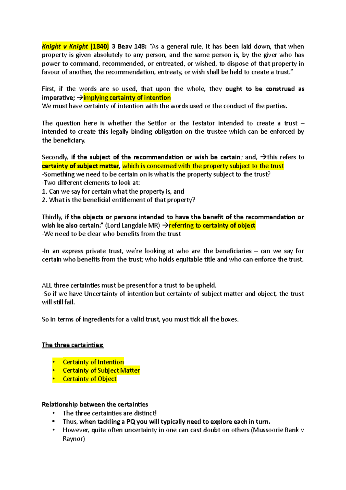 Certainty of intention key case law Knight v Knight (1840) 3 Beav 148