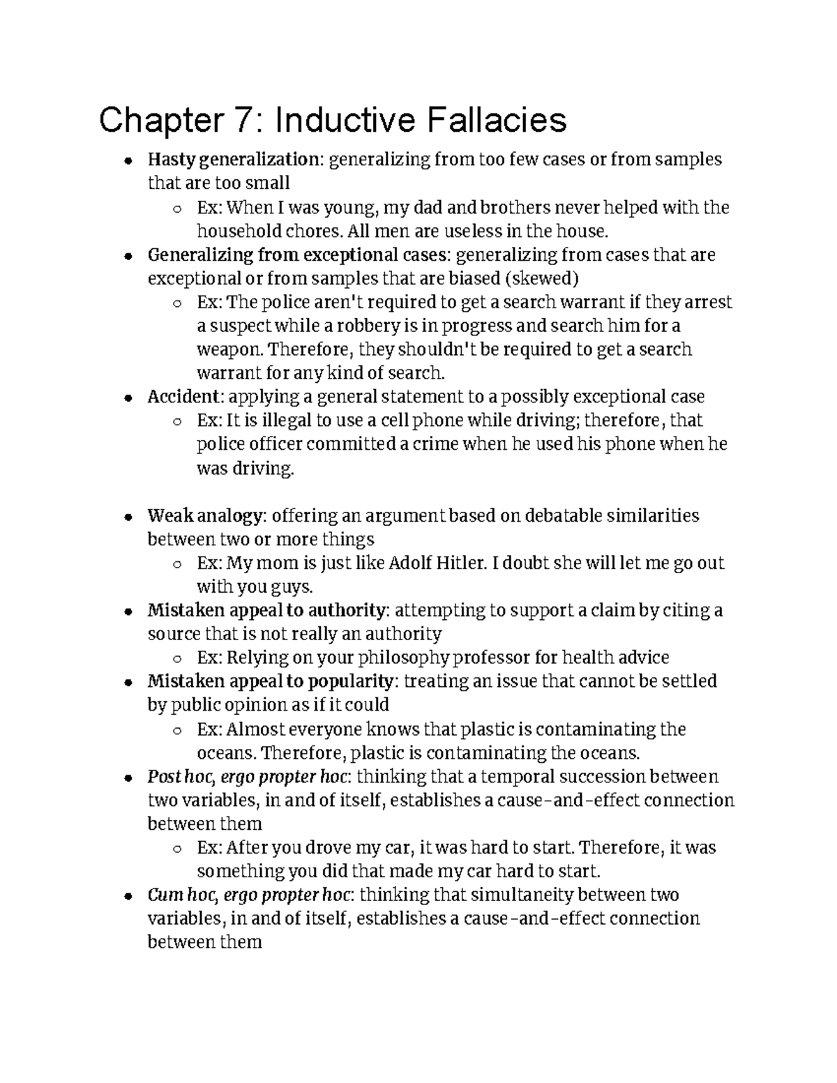 Phil 102 Lectures After Midterm Chapter 7 Inductive Fallacies Hasty