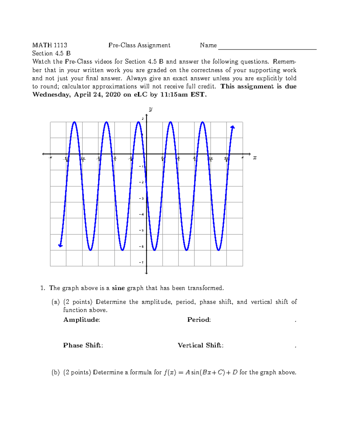 4.5 B Preclass B - Homework. - MATH 1113 Pre-Class Assignment Name ...