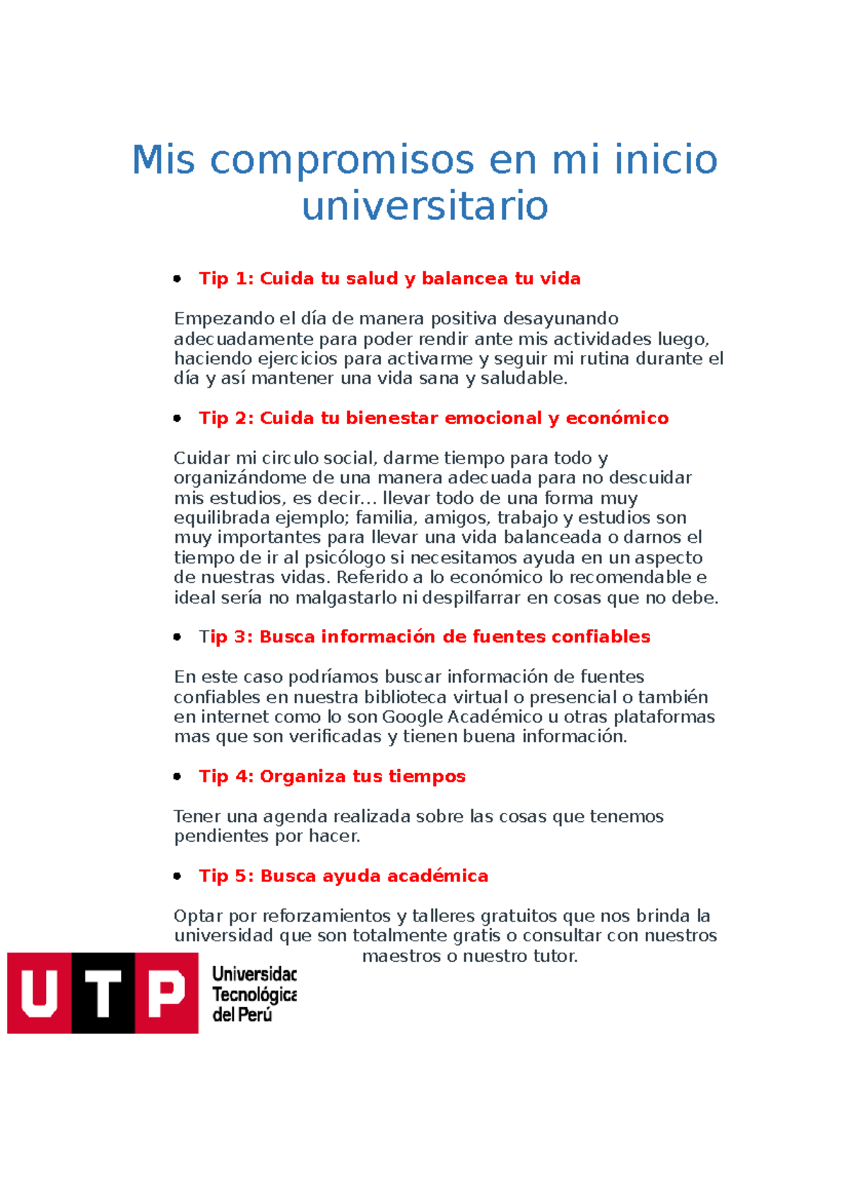 IVU - S2 - TRABAJO - Mis compromisos en mi inicio universitario Tip 1 ...