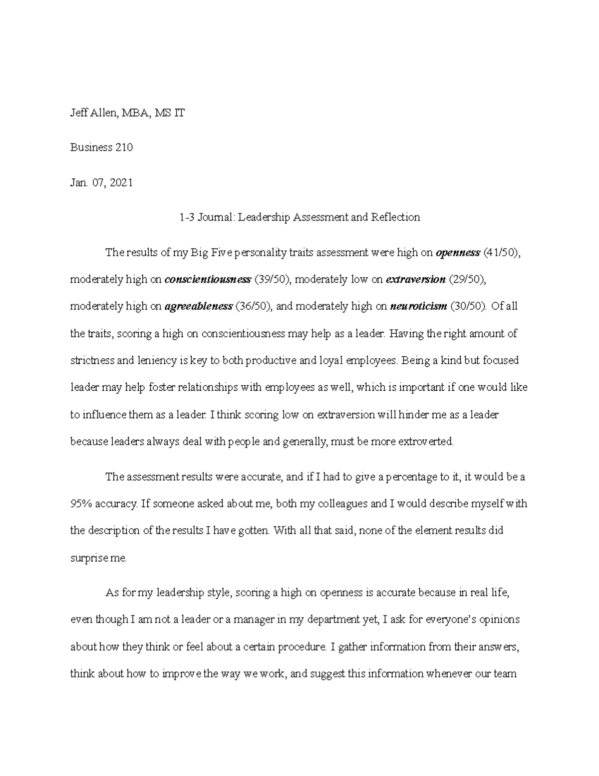1 - 3 Journal, Leadership Assessment and Reflection - BUS-210 - SNHU ...