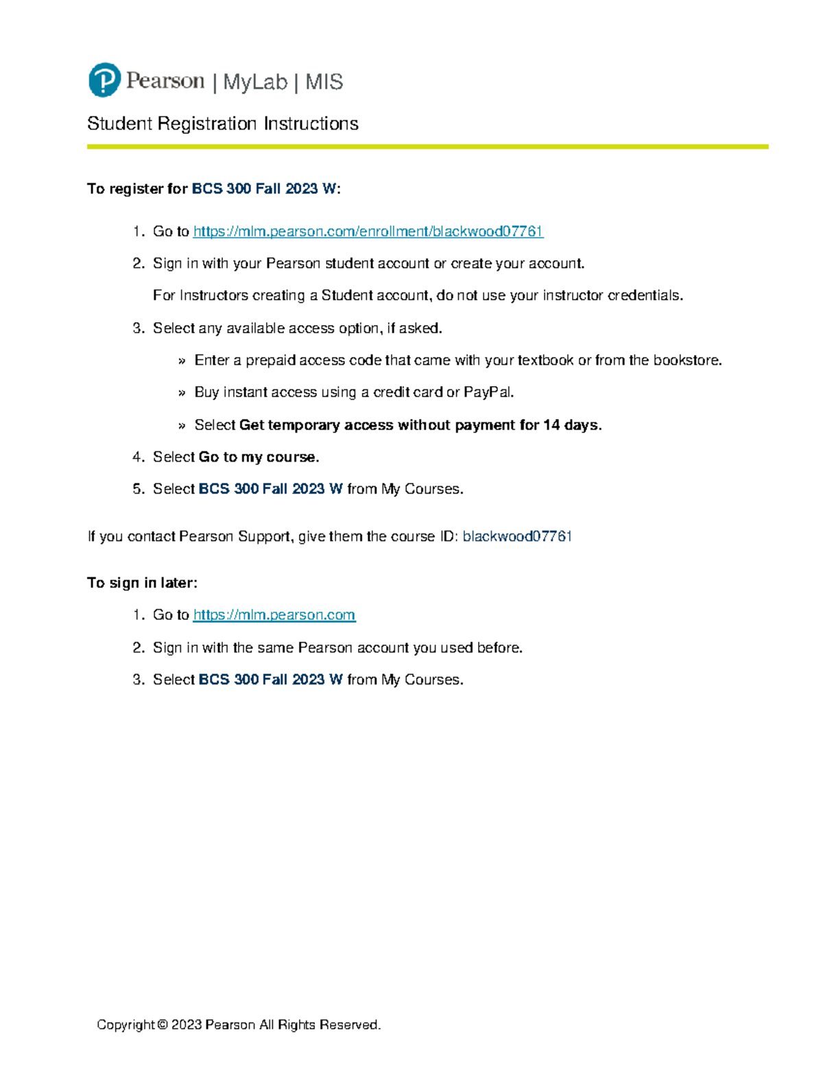 Student Registration Handout blackwood 07761 - | MyLab | MIS Student ...