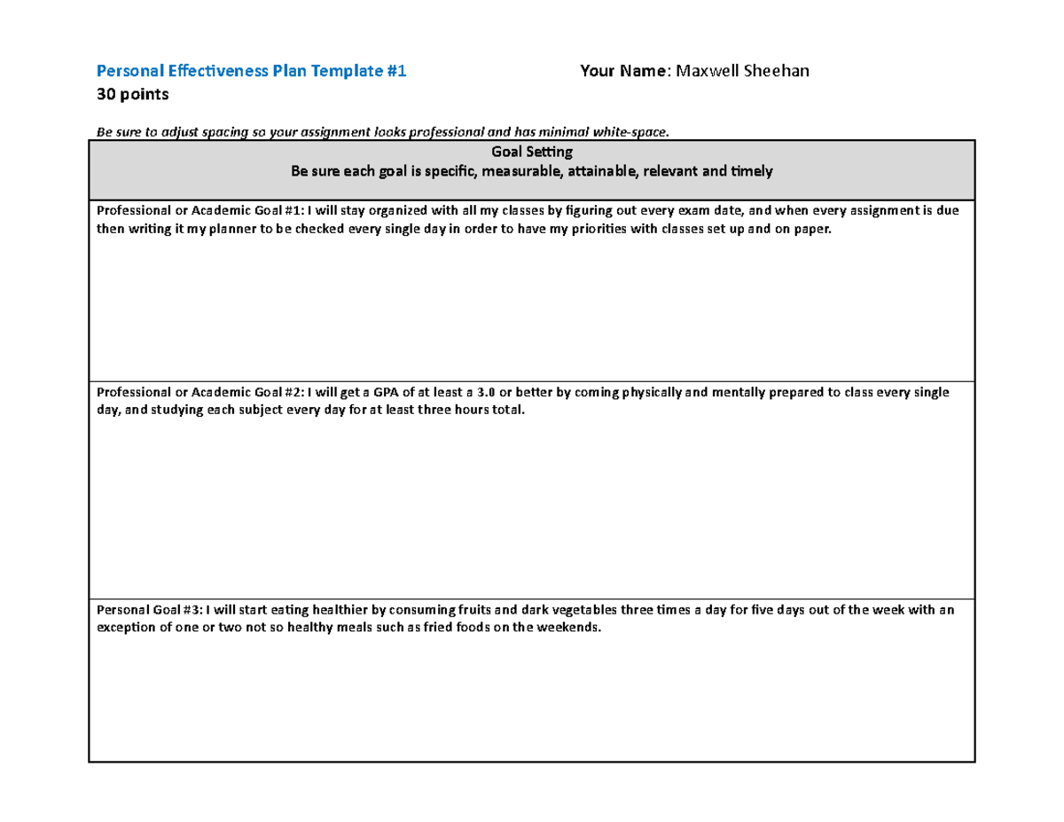 PEP Goals #1 - Grade: a - Personal Effectiveness Plan Template #1 30 ...