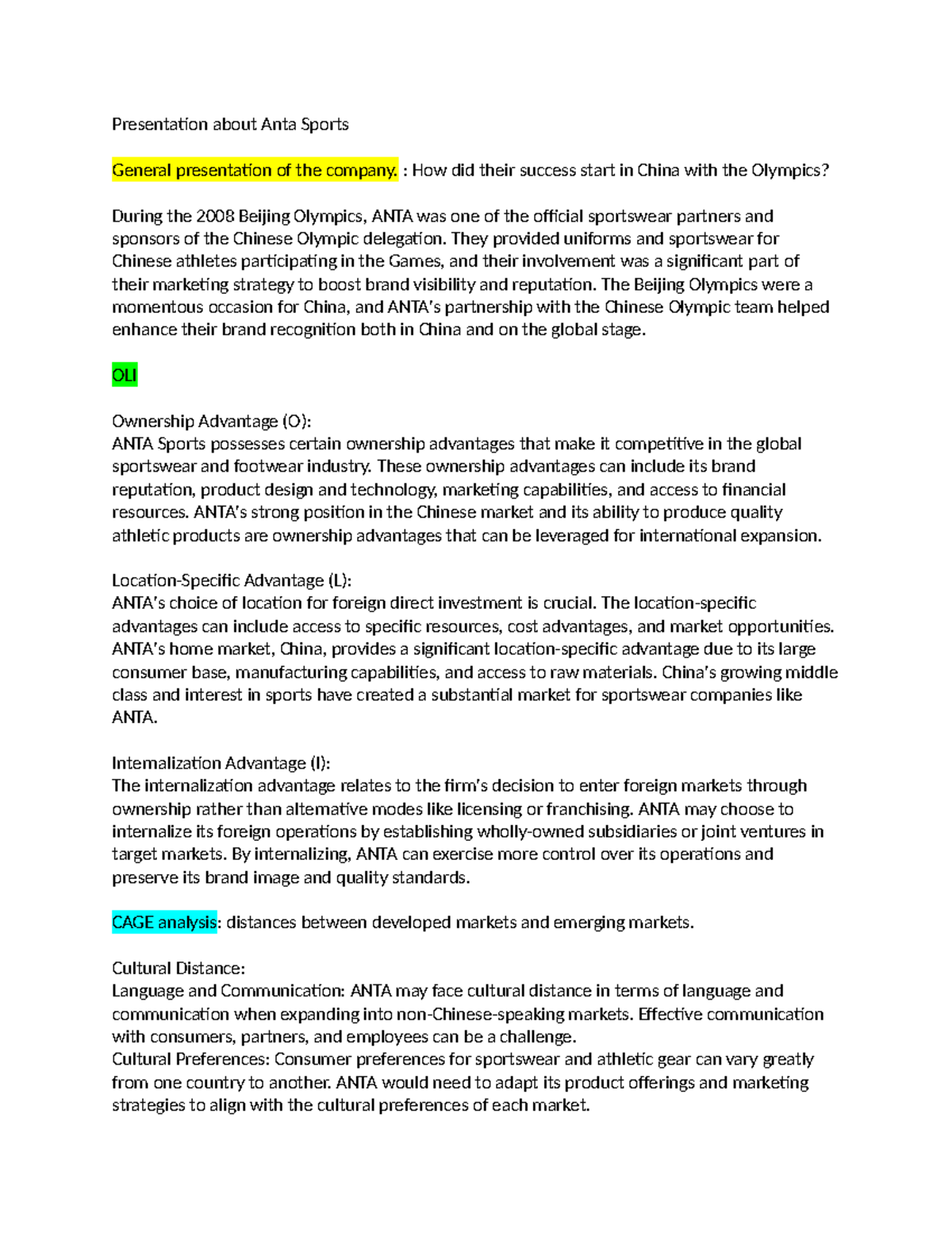 Emerging markets presentation Presentation about Anta Sports General