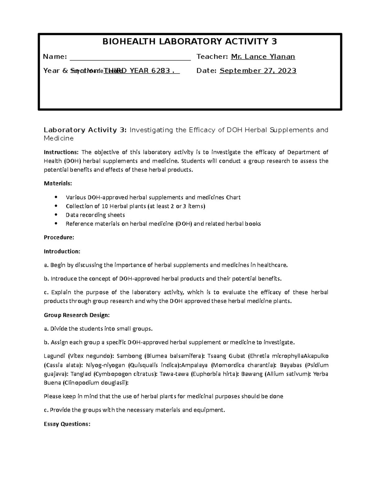 BH Laboratory Activity 3 2023 Revised NEW Laboratory Activity 3