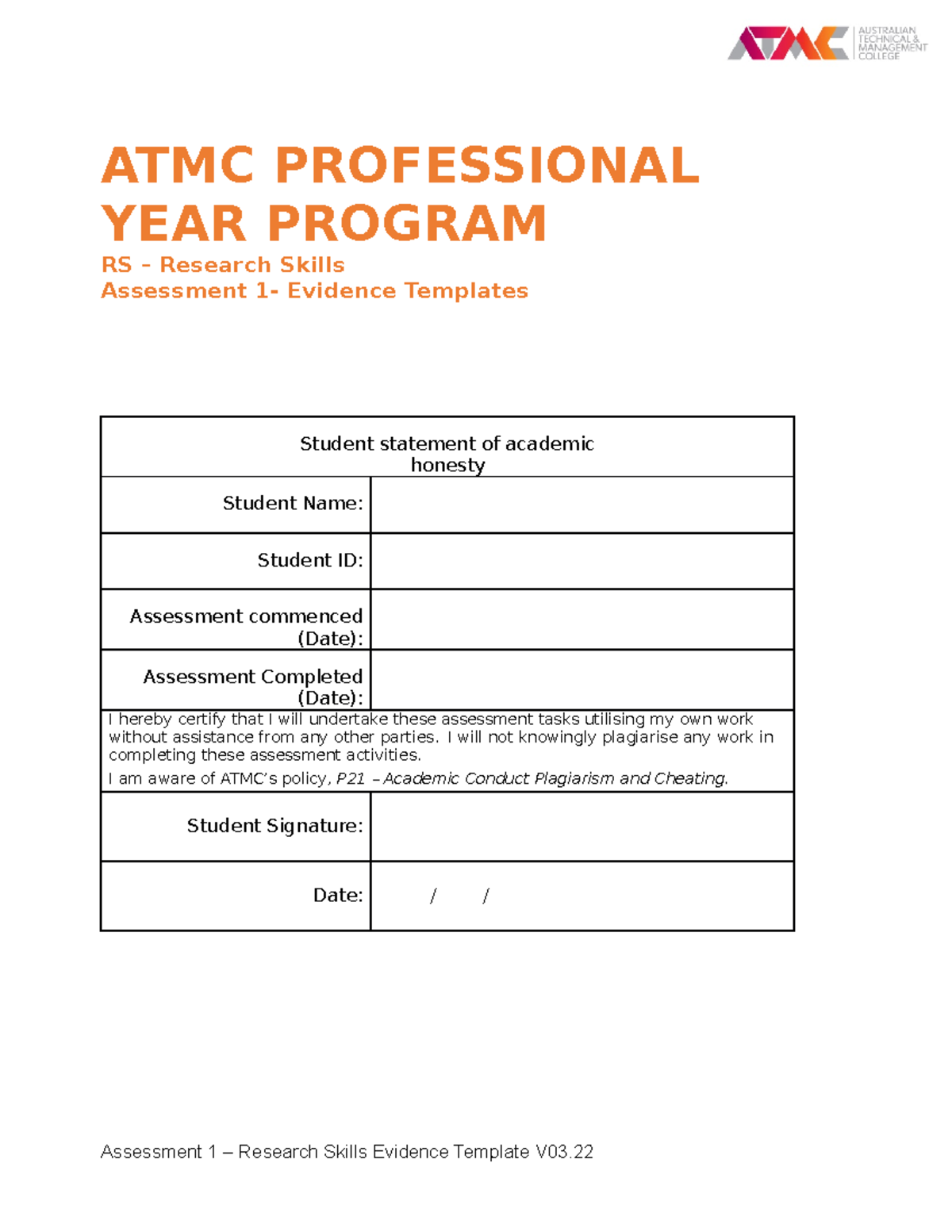 Assessment 1- Research Skills- Evidence Template V03 - ATMC ...