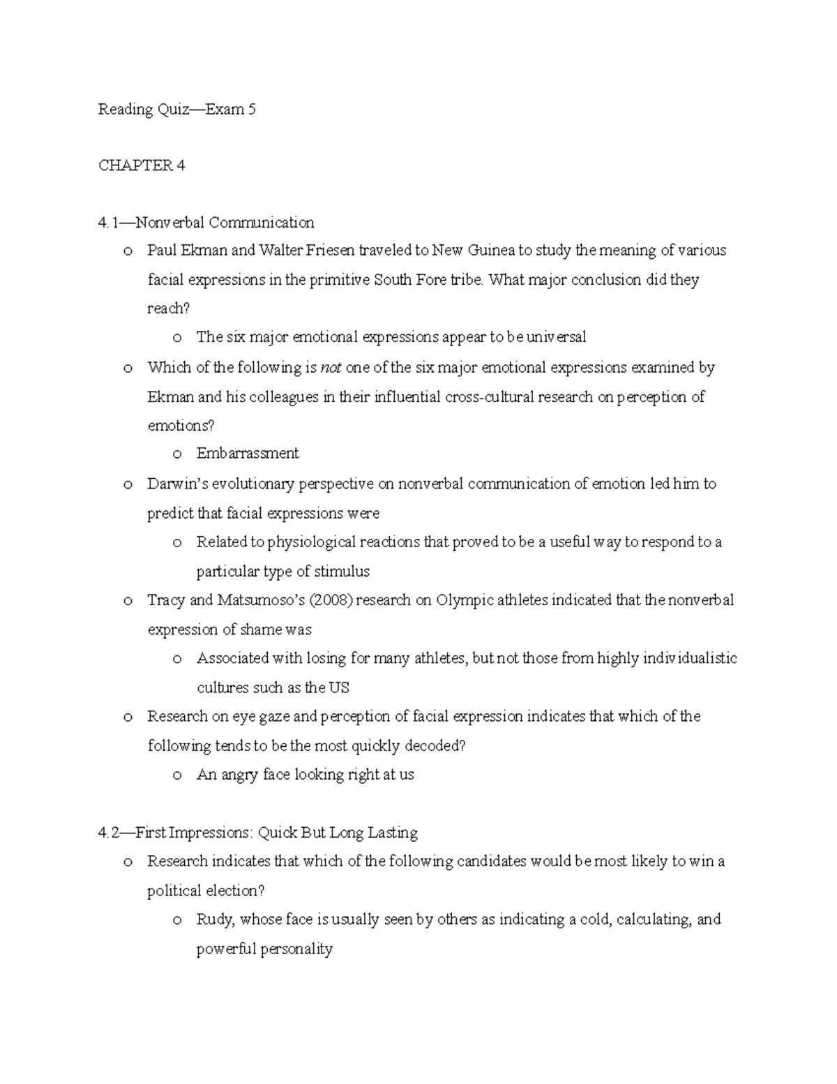 Chapter 4 Reading Quiz - Reading Quiz—Exam 5 CHAPTER 4 4—Nonverbal ...