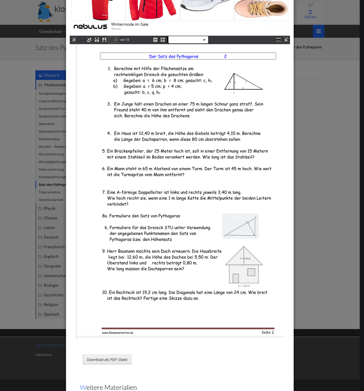 Klassenarbeiten Satz Des Pythagoras Übungsblatt zu Satz des Pythagoras - klassenarbeiten .de