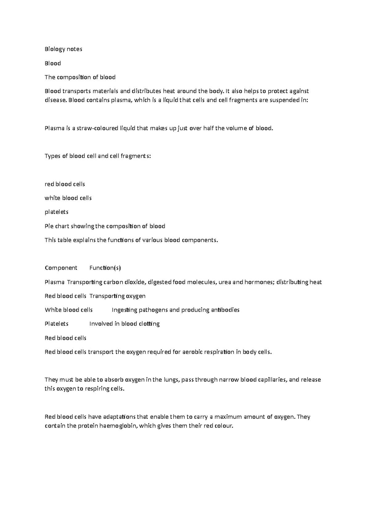 Biology notes 26 - Biology notes Blood The composition of blood Blood ...