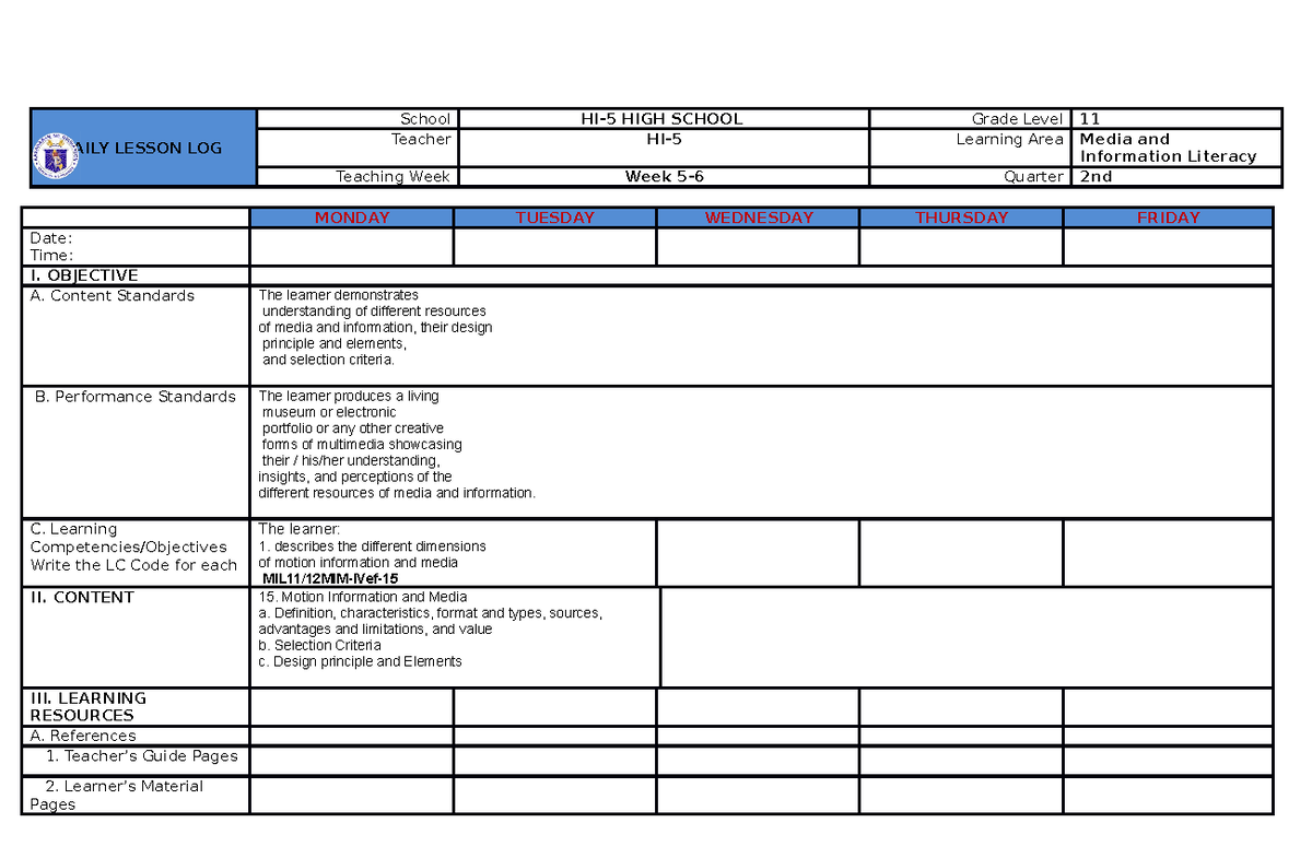 MIL-11-12MIM-IVef-15 - Group 5 - DAILY LESSON LOG School HI-5 HIGH ...