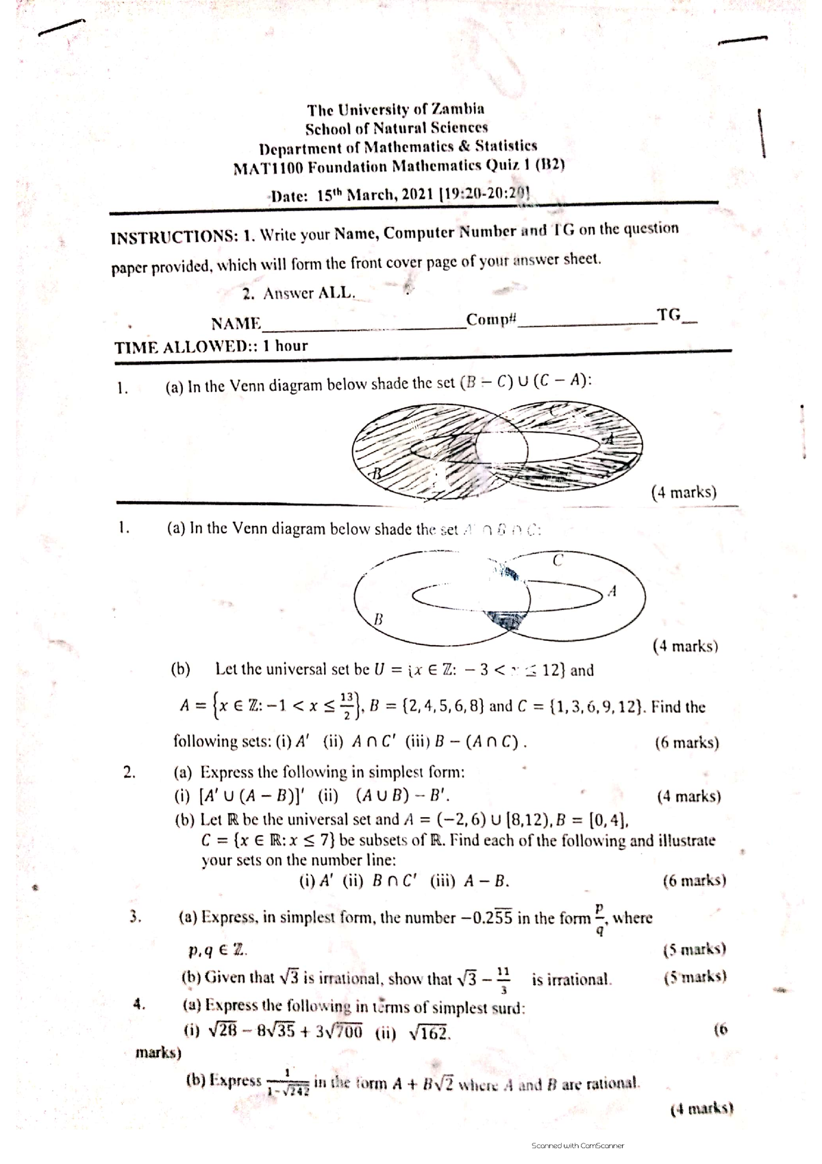 MAT 1100 Quiz 1 B - Mathematics 1100 Quiz - Introduction To Mathematics ...