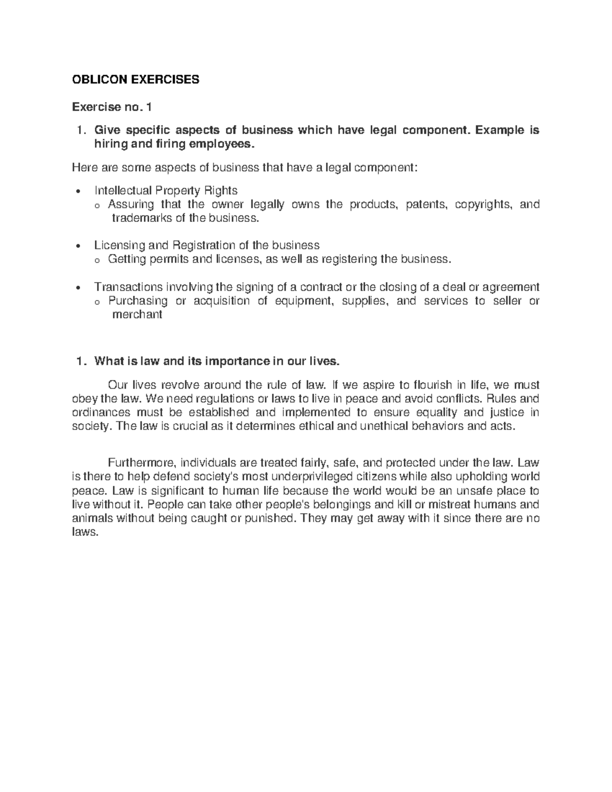 Oblicon LAW Exercise 1 - OBLICON EXERCISES Exercise No. 1 Give Specific ...