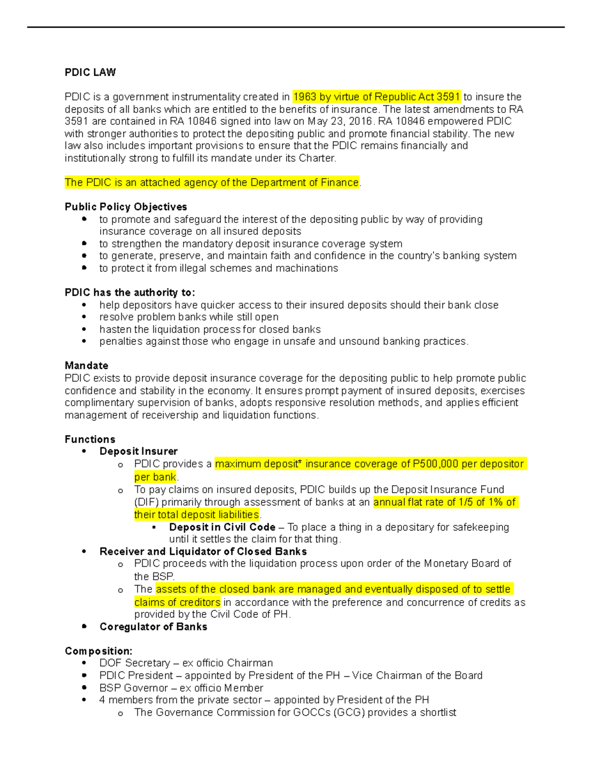 PDIC LAW - 123 - PDIC LAW PDIC is a government instrumentality created ...