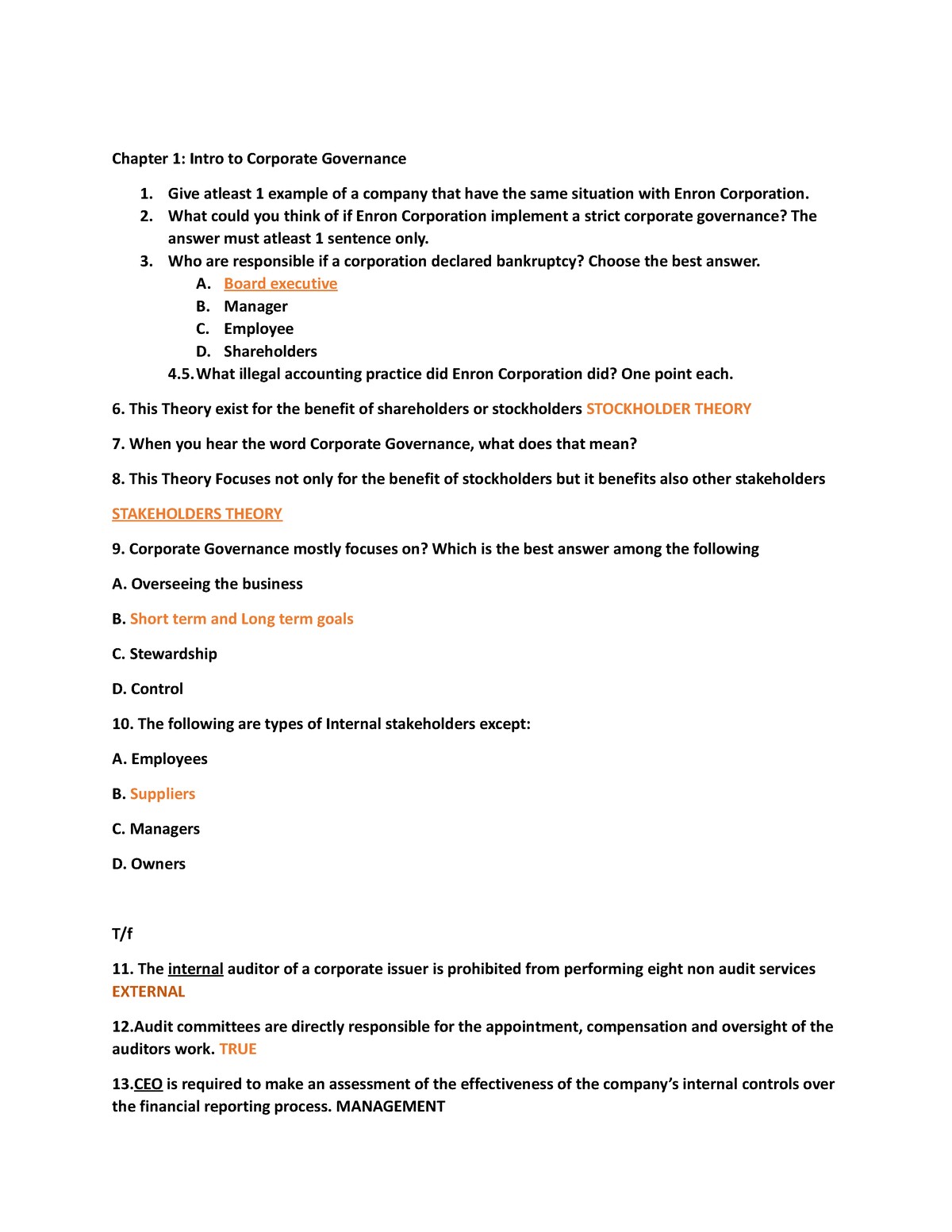 Chapter 1 Quiz - Chapter 1: Intro To Corporate Governance Give Atleast ...