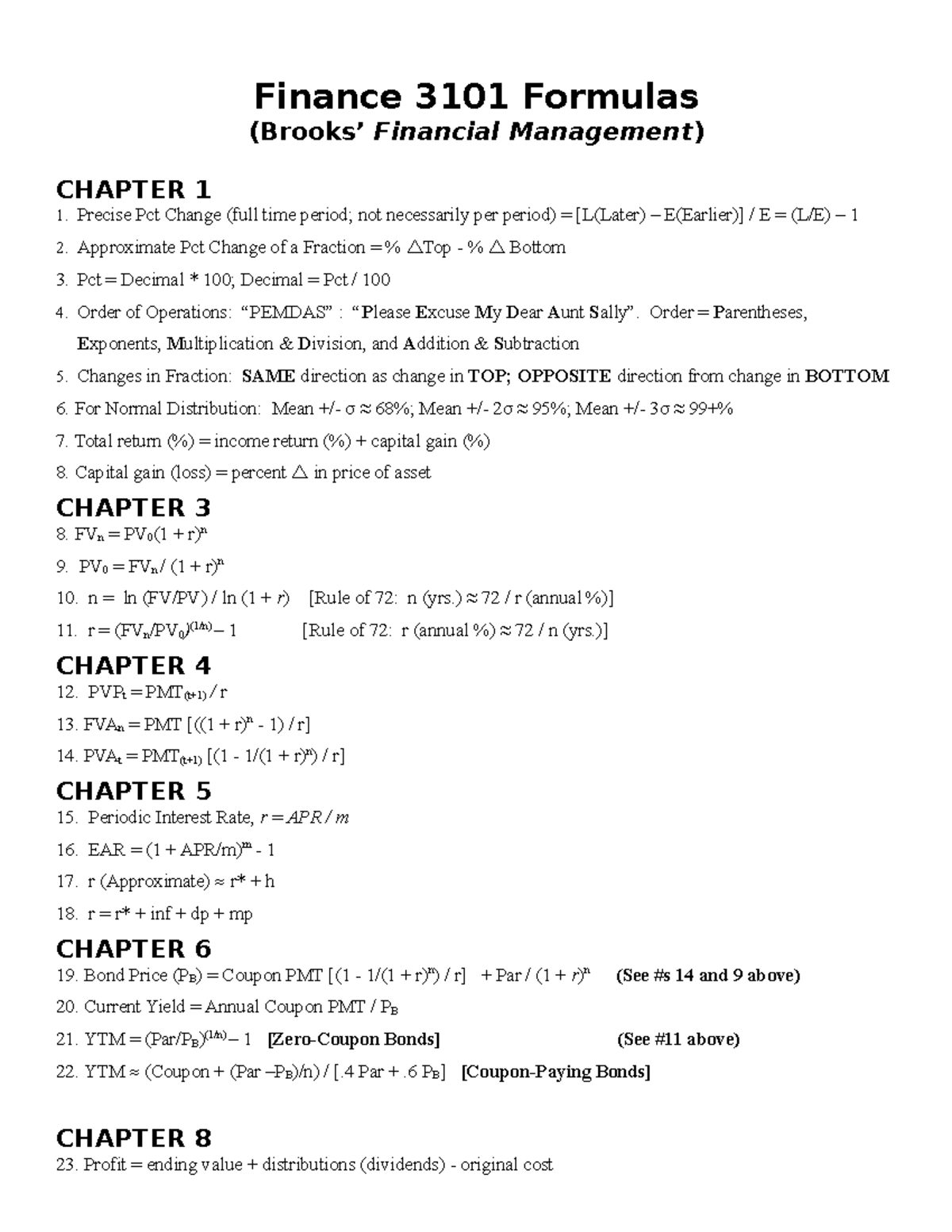 Formula Sheet Finance 3101 081421 - Finance 3101 Formulas (Brooks ...