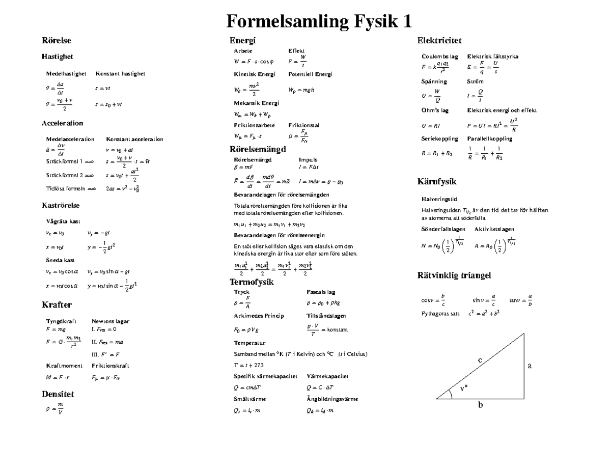 Formelblad Formelsamling Fysik 1 R relse Hastighet Medelhastighet 