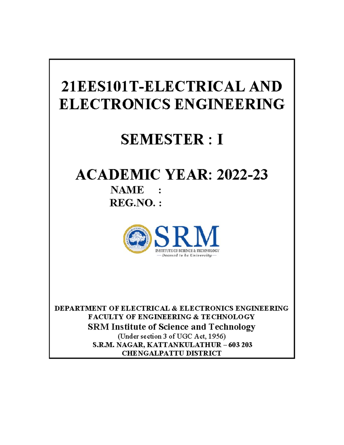 21EES101T- EEE Lab Practice - 21EES101T-ELECTRICAL AND ELECTRONICS ...