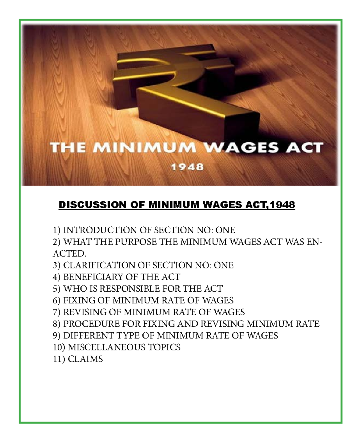 Minimum wage act 1948 DISCUSSION OF MINIMUM WAGES ACT, 1