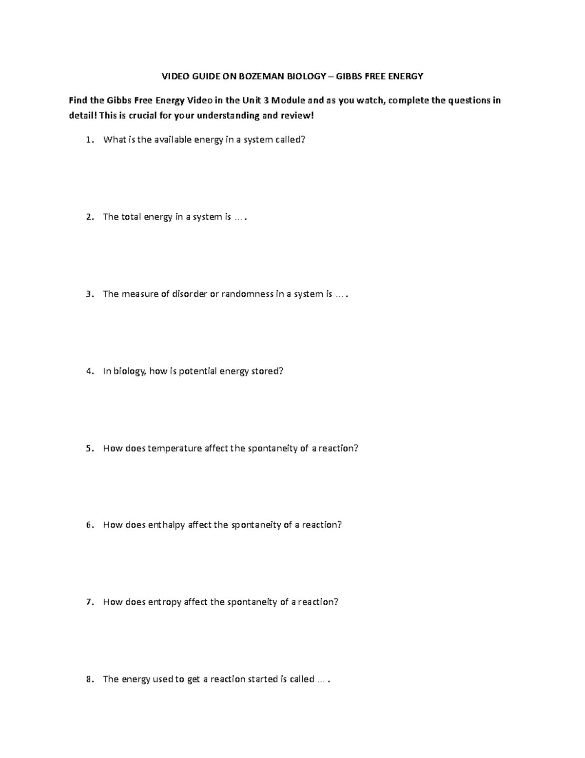 Bozeman Gibbs Free Energy Worksheet Answers