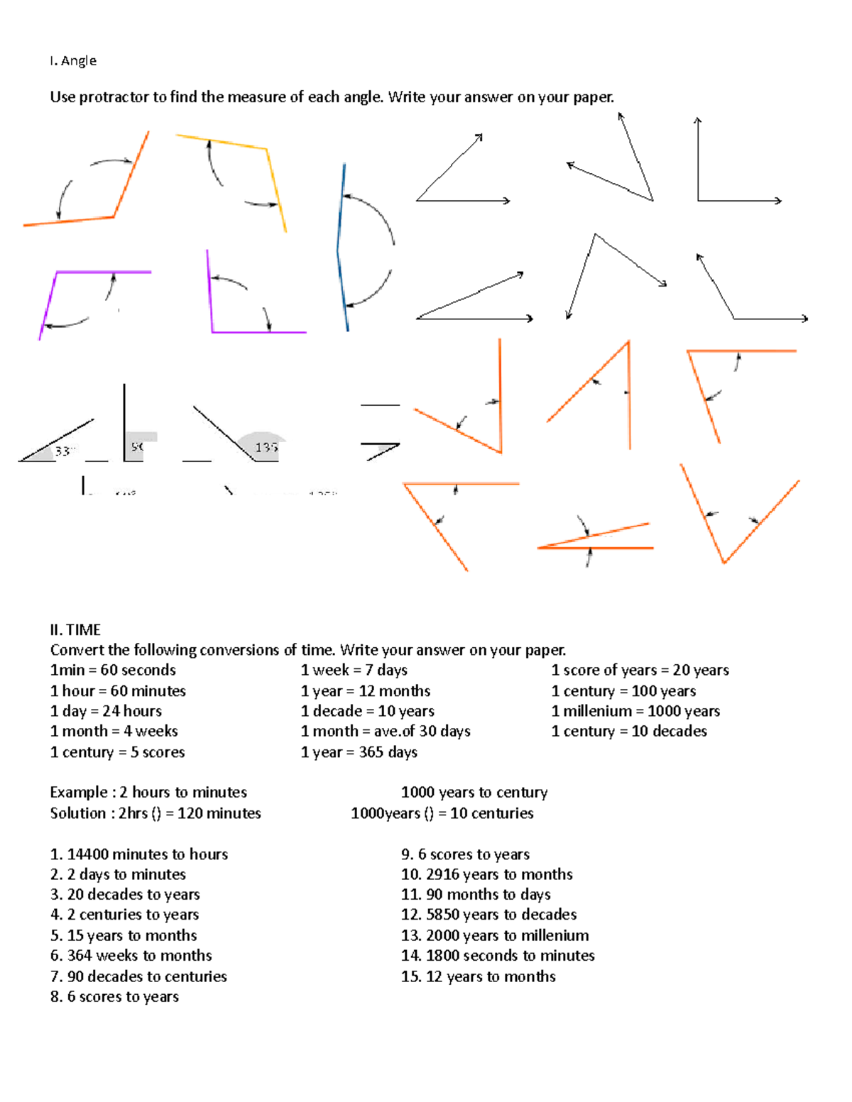 Activity on angle a ND TIME - I. Angle Use protractor to find the ...