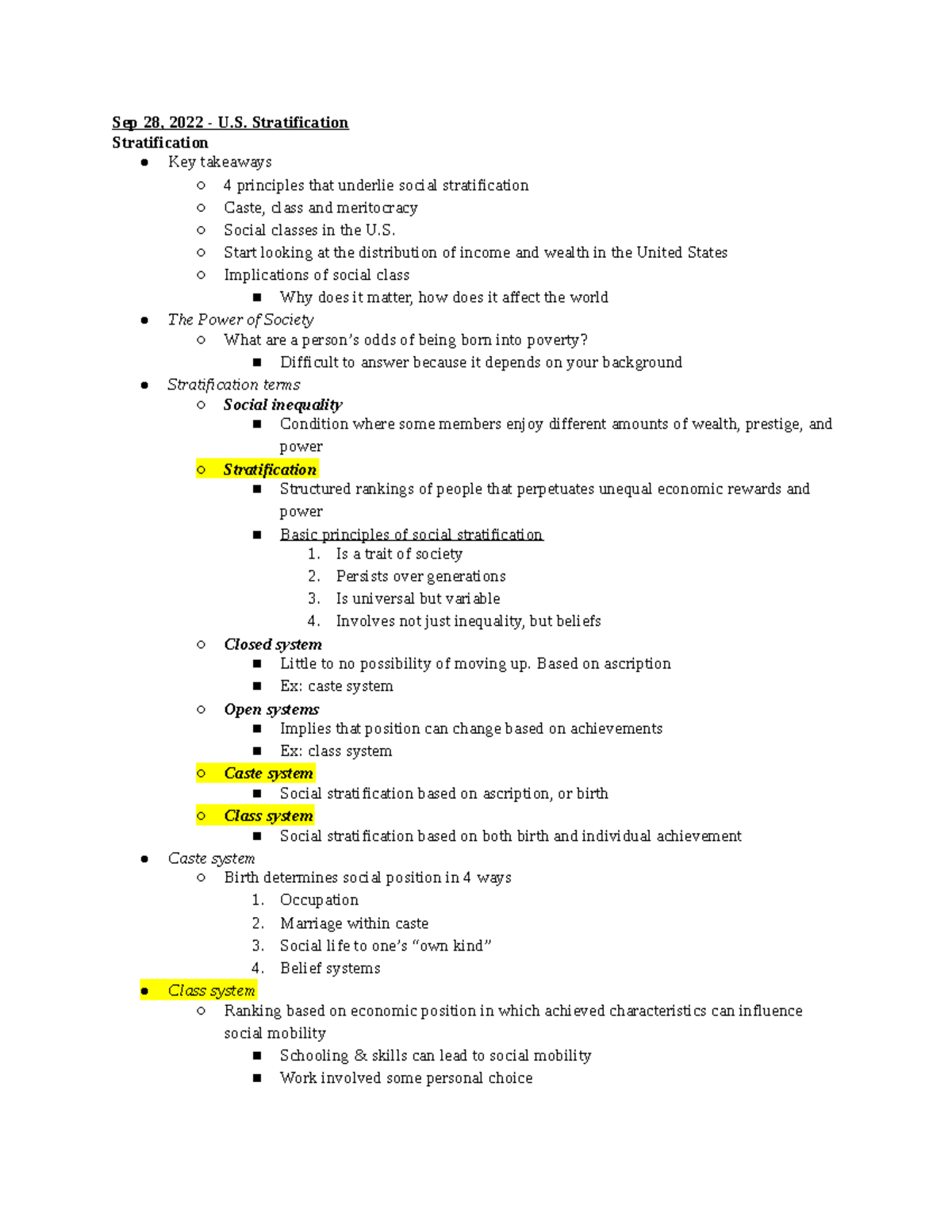 In class notes exam 2 - Sep 28, 2022 - U. Stratification Stratification ...