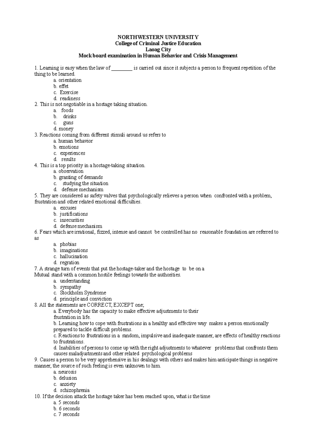 Hum. beh. q n a - HUMAN BEHAVIOR QUESRIONER - NORTHWESTERN UNIVERSITY ...