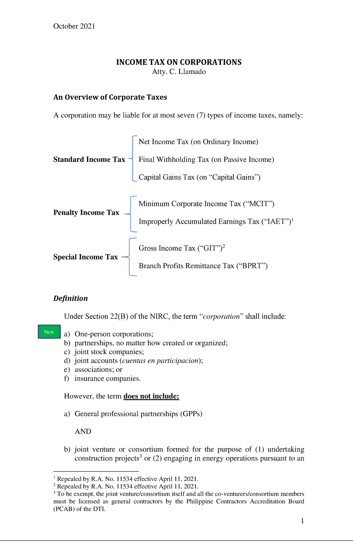 Corporate Income Tax INCOME TAX ON CORPORATIONS Atty C Llamado An 