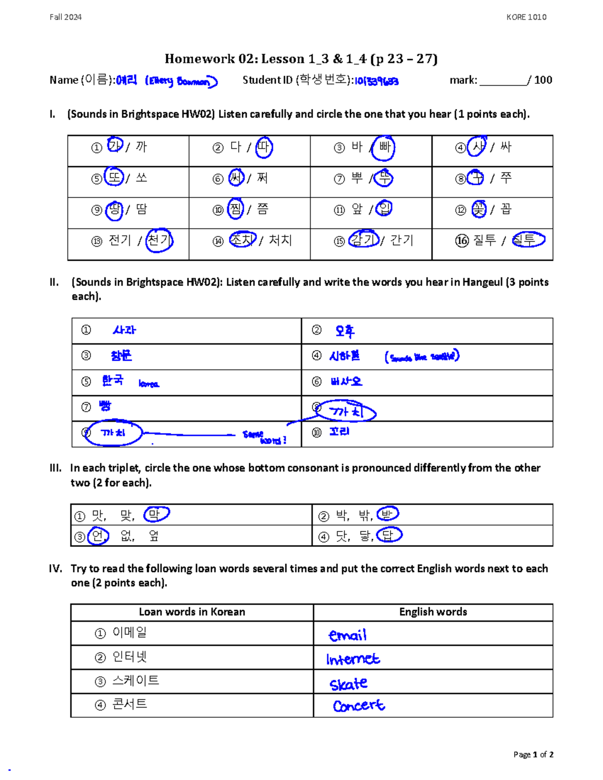KORE1010-HW02 - homework - Fall 2024 KORE 1010 Page 1 of 2 Homework 02 ...