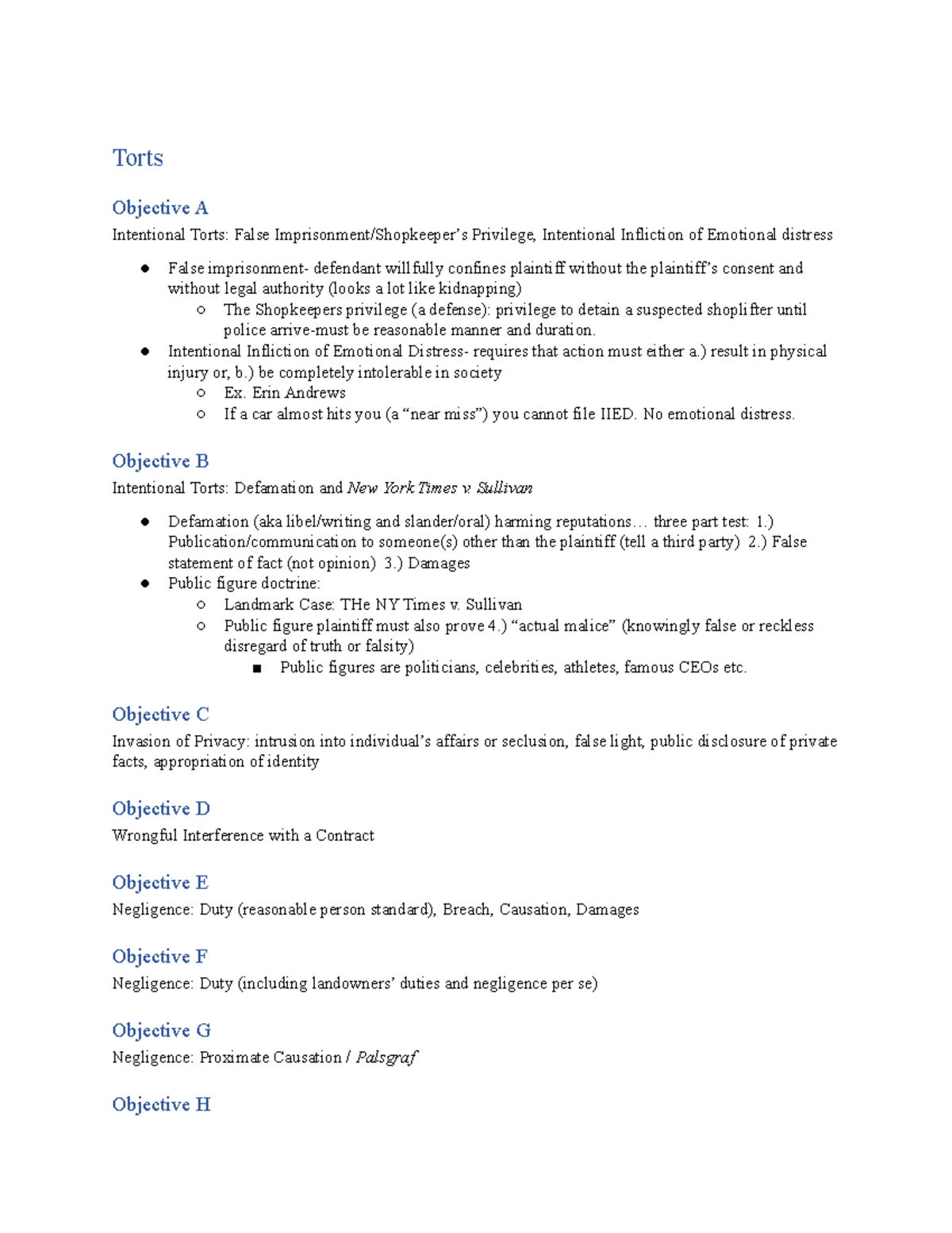 Torts (2) 2 - Notes over the lecture - Torts Objective A Intentional ...