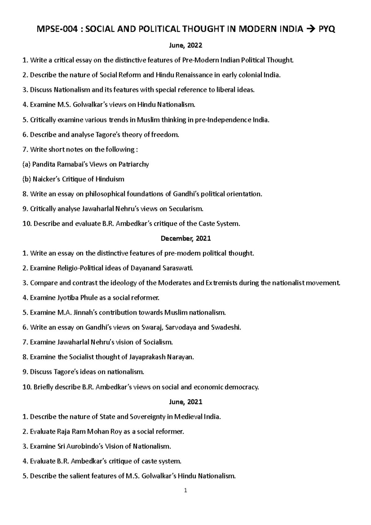 Ignou - MPSE-004 : SOCIAL AND POLITICAL THOUGHT IN MODERN INDIA PYQ ...
