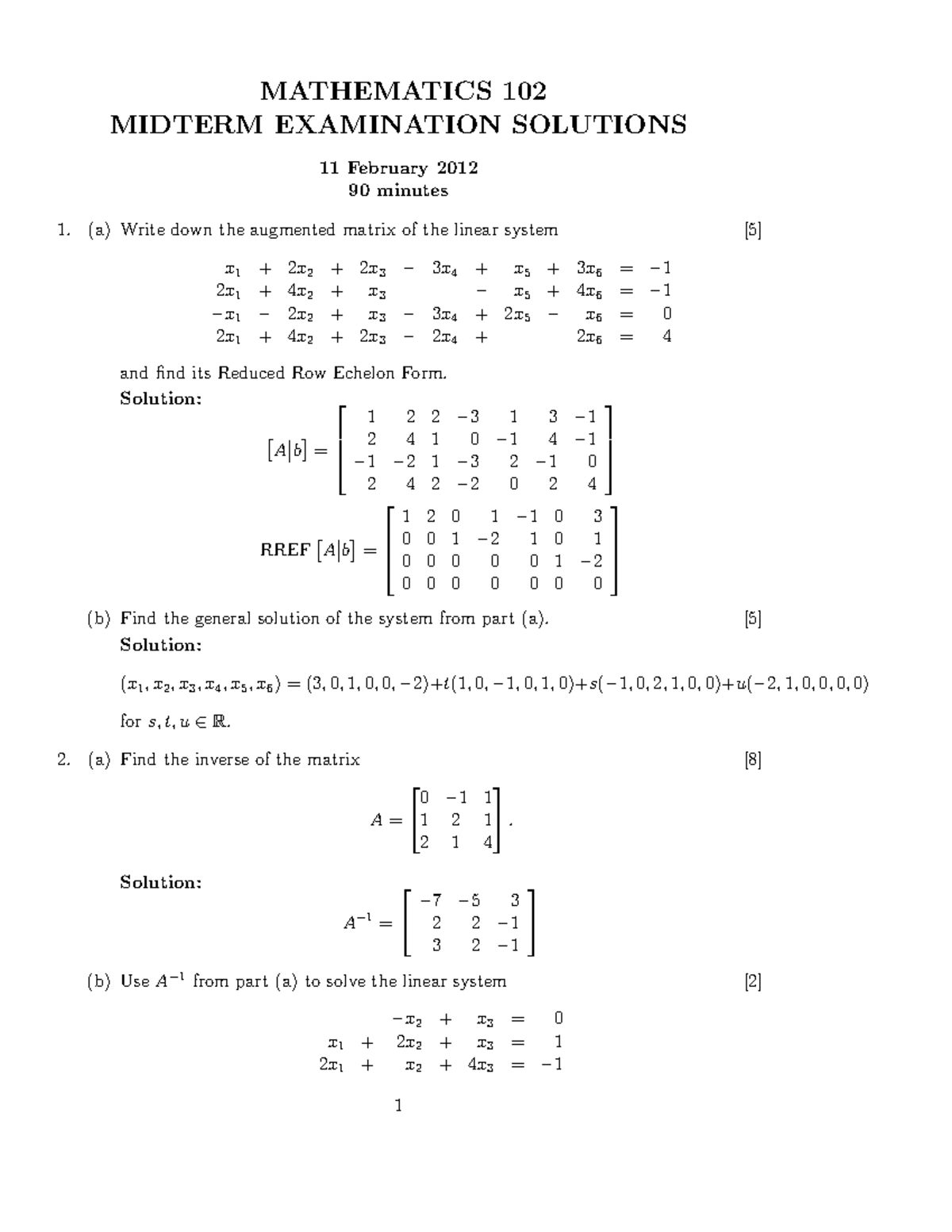 Exam 11 February 2012, questions and answers - MATHEMATICS 102 MIDTERM ...