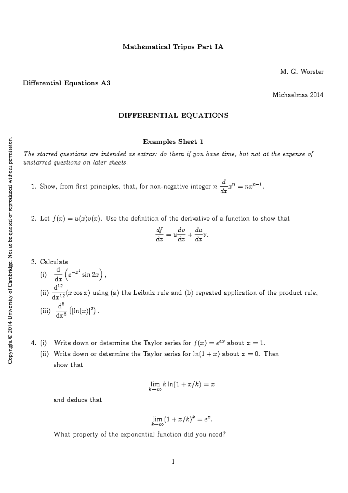 Differential Equations Questions Copyright © 2014 University of
