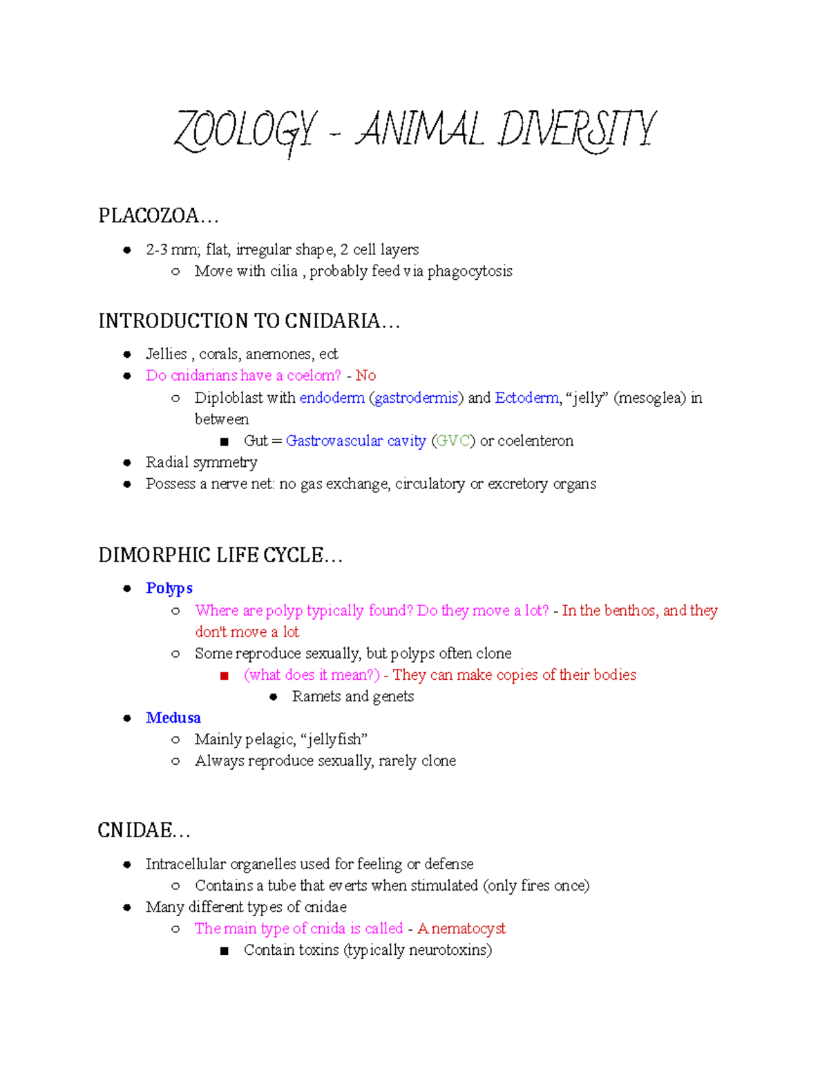 Zoology Notes Part 7 - ZOOLOGY - ANIMAL DIVERSITY PLACOZOA... 2-3 Mm ...