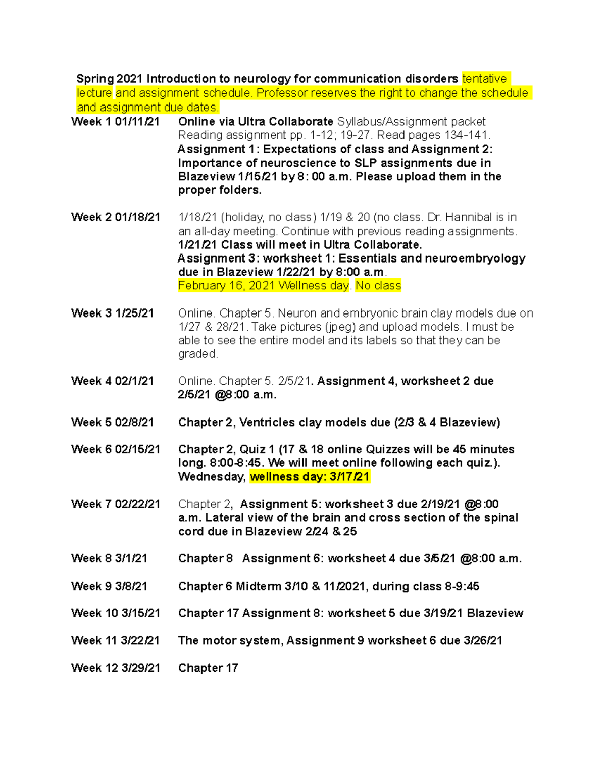 assignment schedule spring 2021