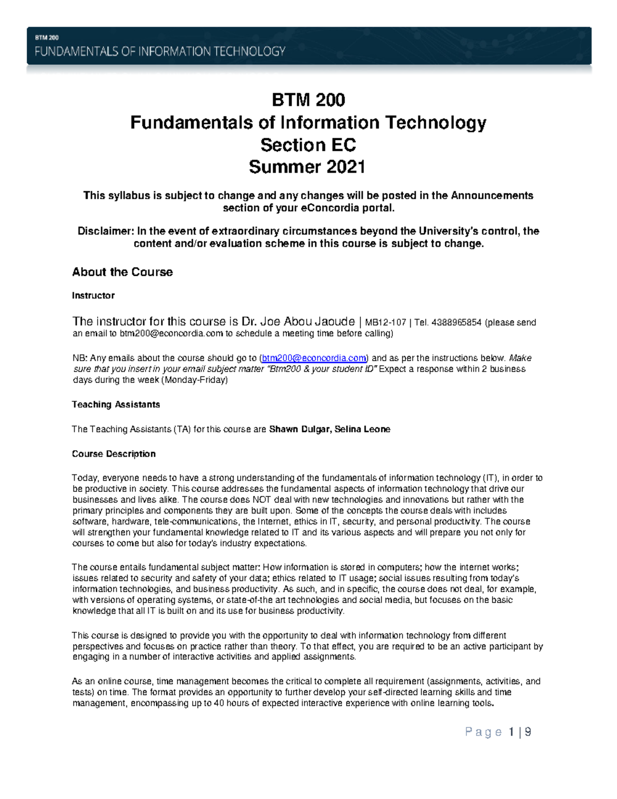 BTM 200 Outline - Fall 2021 - BTM 200 Fundamentals of Information ...