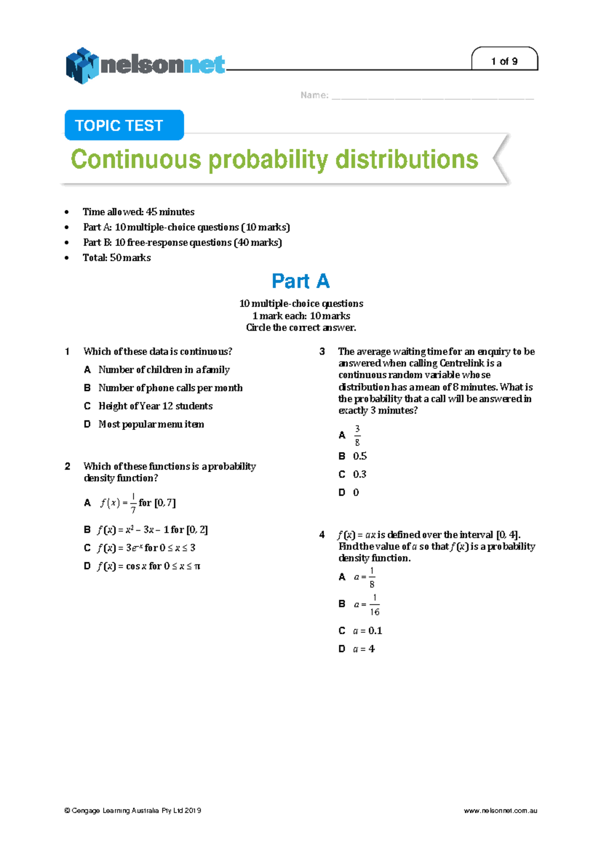 Continuous Probability Distributions - test from Nelsons - Name: - Studocu