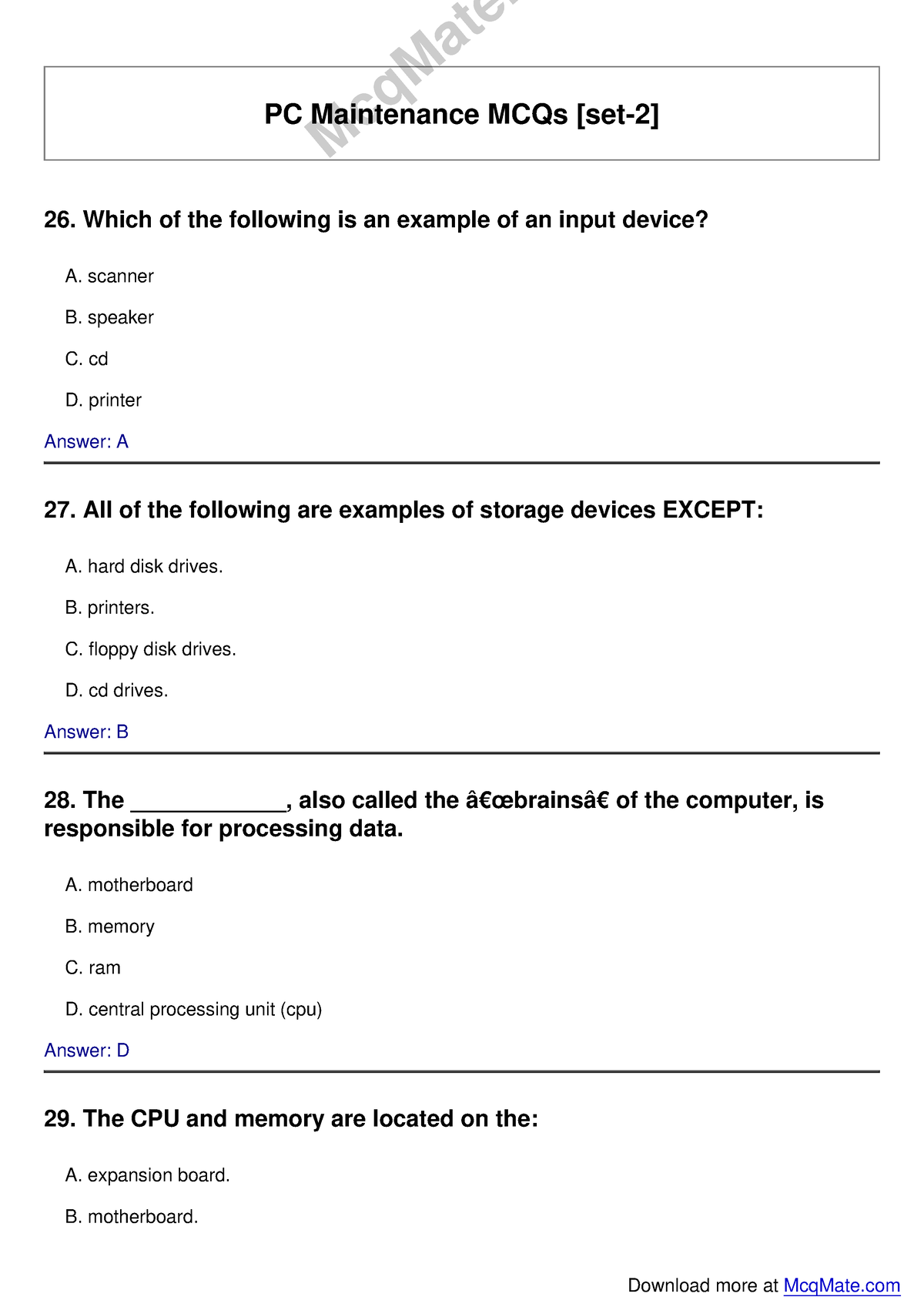 Pc-maintenance Solved MCQs [set-2] Mcq Mate - PC Maintenance MCQs [set ...