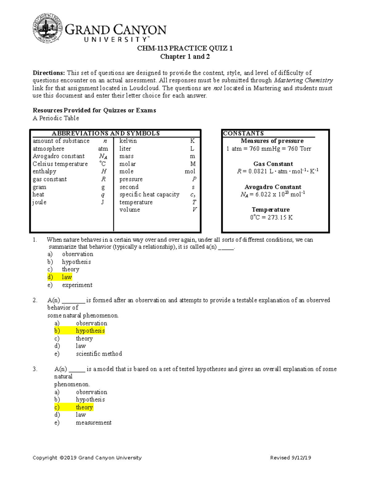 CHM-113 PQ1 Ch1 Ch2, Practice Quiz - CHM-113 PRACTICE QUIZ 1 Chapter 1 ...