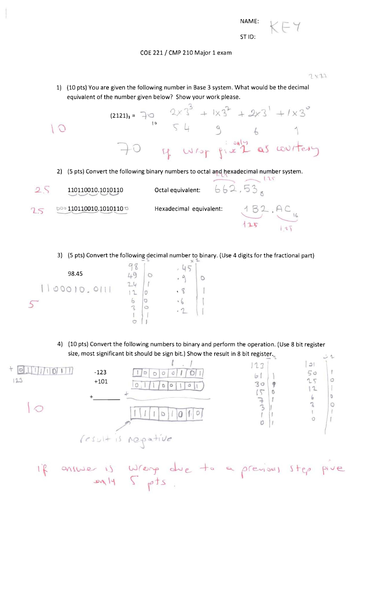 Sample midterm 1 - NAME: ST 10: COE 221/ CMP 210 Major 1 exam .., (10 ...