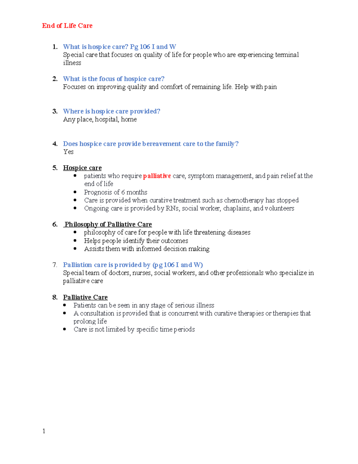EOL worksheet - notes - What is hospice care? Pg 106 I and W Special ...