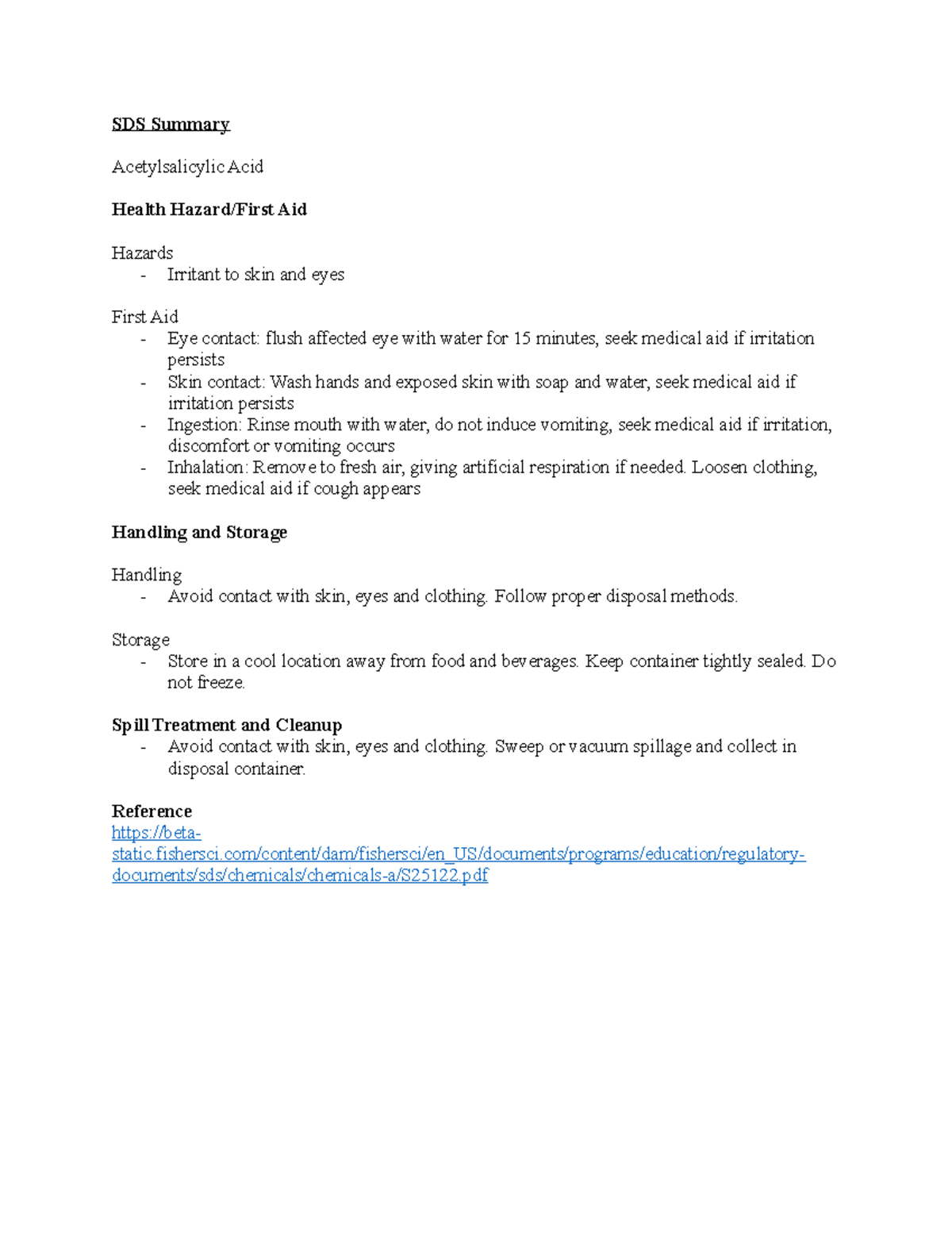 SDS Summary Lab 5 SDS Summary Acetylsalicylic Acid Health Hazard