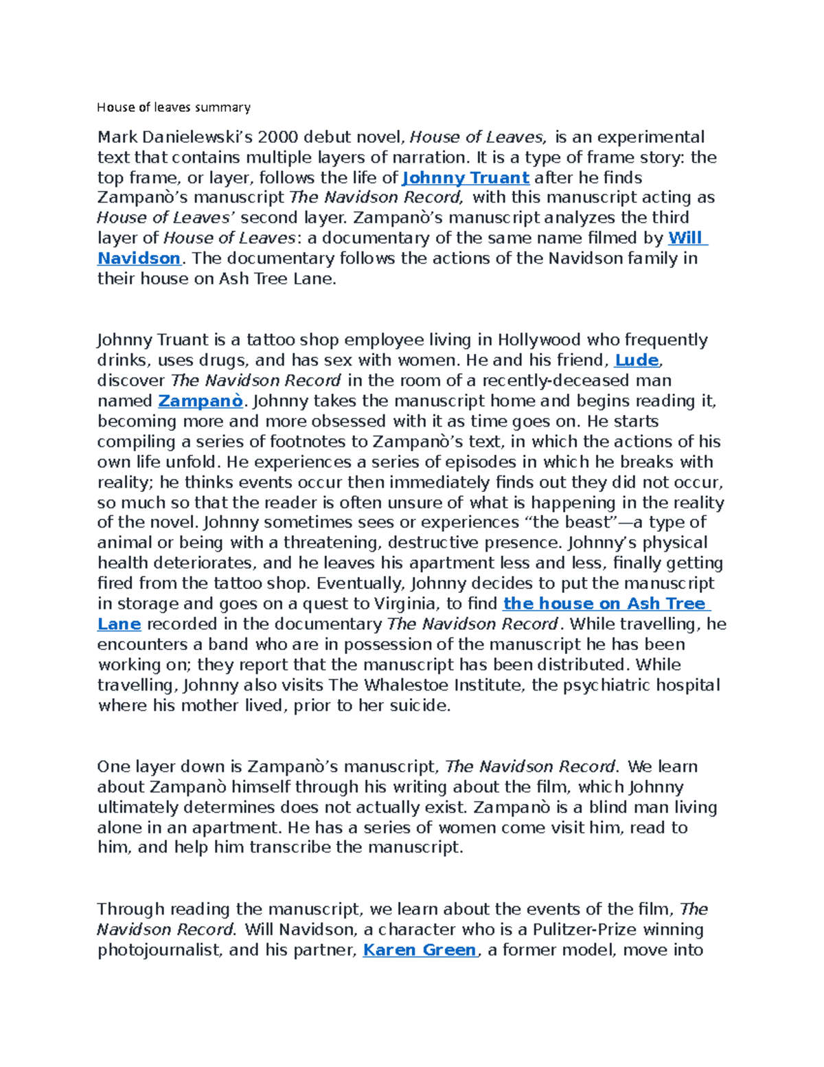 Houseof leaves summary House of leaves summary Mark Danielewski’s