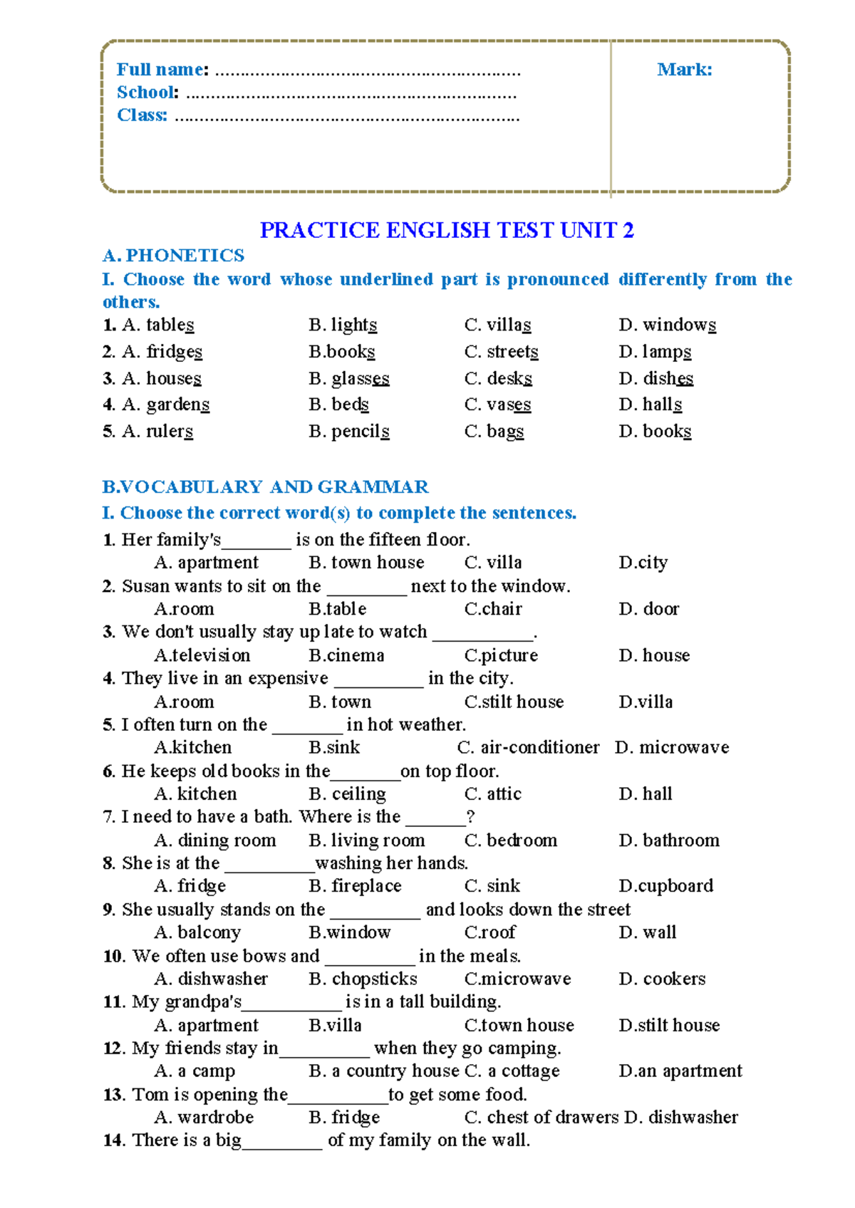 TA 6 Global Practice TEST - UNIT 2 - PRACTICE ENGLISH TEST UNIT 2 A ...