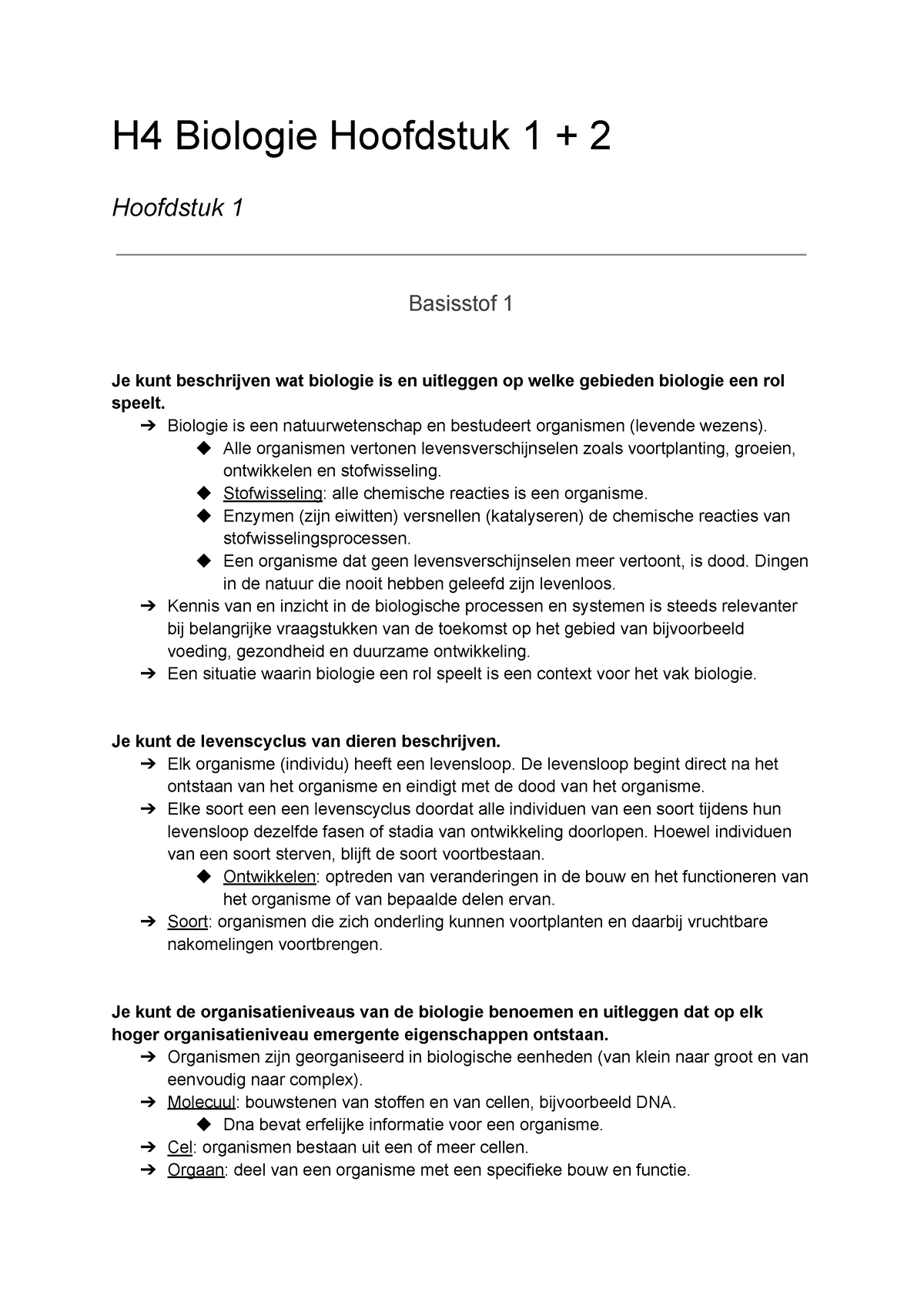 H4 Biologie Hoofdstuk 1 + 2 - H4 Biologie Hoofdstuk 1 + 2 Hoofdstuk 1 ...