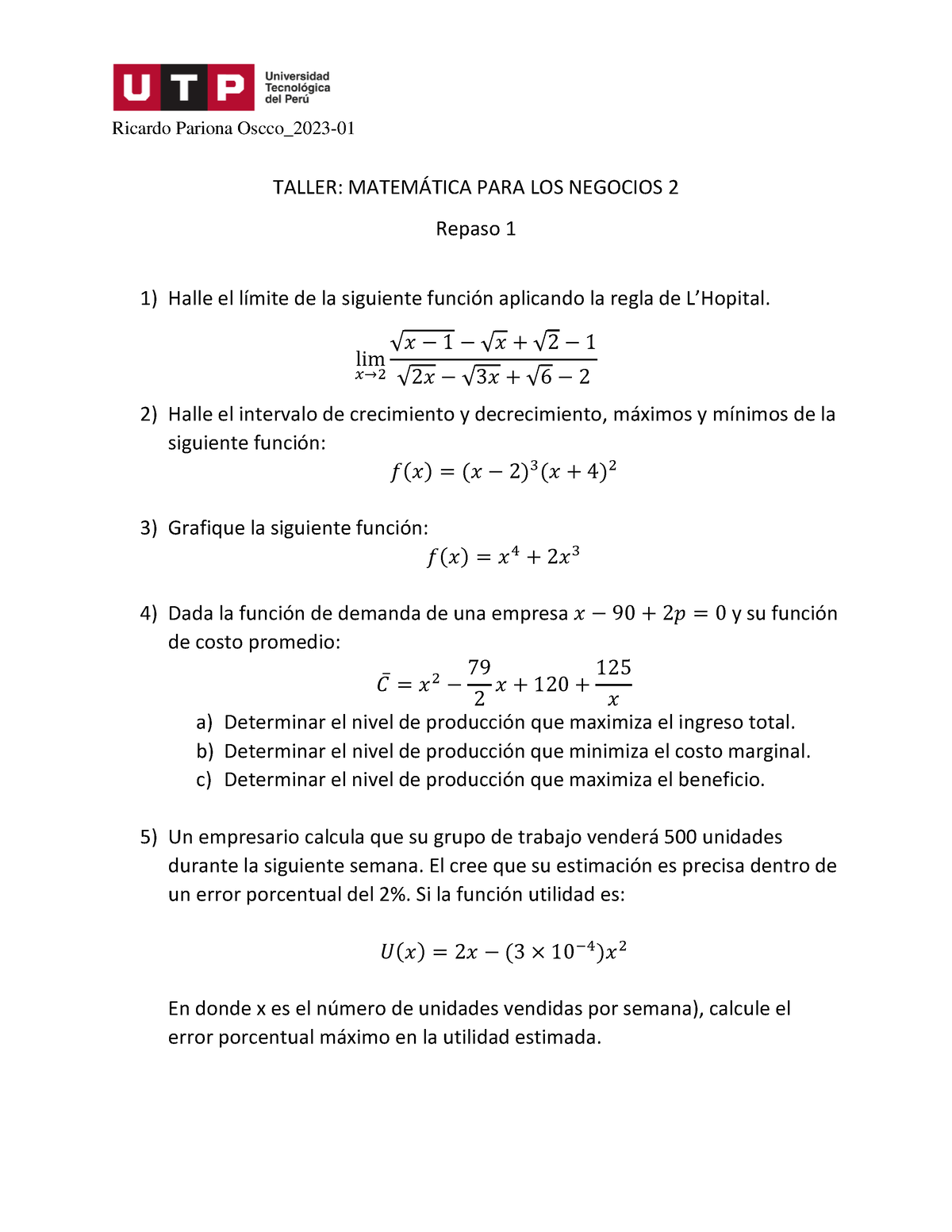 Taller Matemática Para Los Negocios II Repaso 1 (Martes 20-06 ...